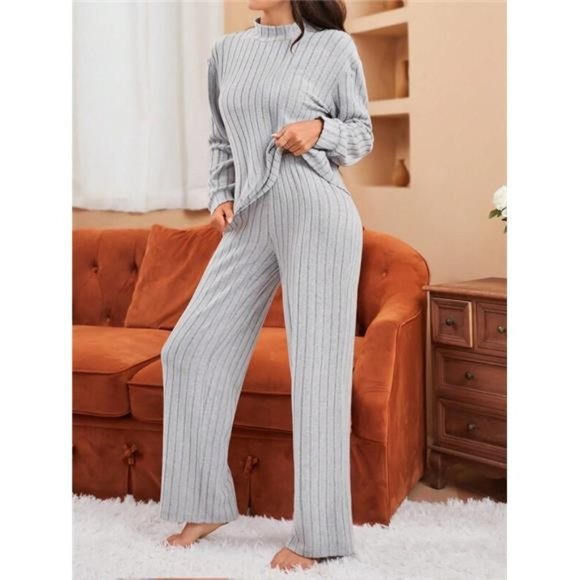 Women's Solid Color Stand Collar Knitted Ribbed Loungewear Set - Picture 7 of 7
